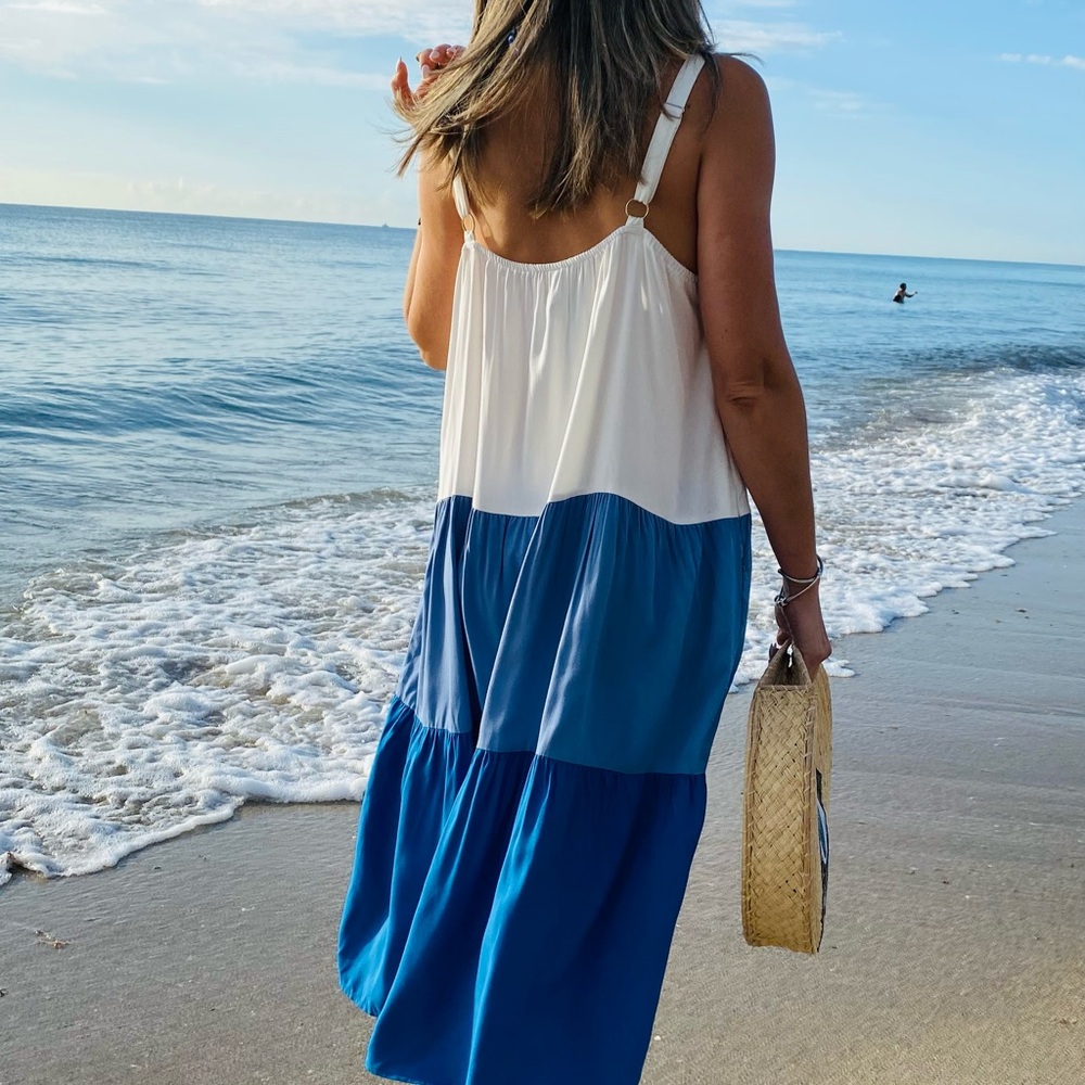 Blue and White Colorblock Maxi Dress